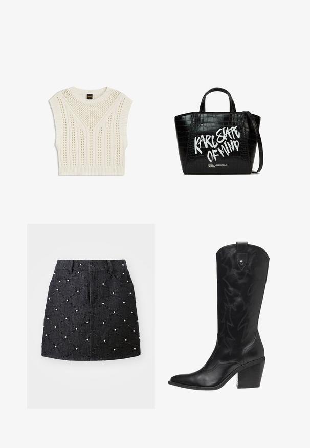 Gilet sans manches tricoté couleur crème avec motif ajouré, bords côtelés et encolure ronde, avec une petite étiquette noire au col.; Jupe en denim noir avec un motif en losanges matelassé, ornée de perles blanches. Dispose d'une taille et de deux poches avant.; Bottine de cowboy en cuir noir avec un bout pointu, un talon haut et des coutures décoratives en motif d'éclairs le long de la tige.; Sac à main en cuir synthétique noir effet crocodile, avec poignées supérieures et bandoulière, présentant un texte graffiti blanc « KARL STATE OF MIND » et un petit logo en dessous.
