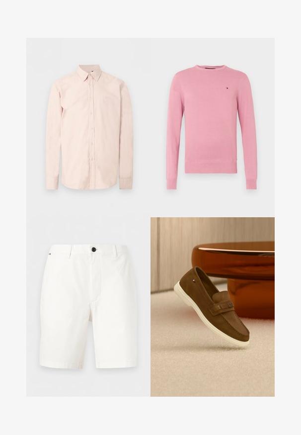 Pull en tissu léger de couleur rose clair, à manches longues et col rond, avec des poignets et un ourlet côtelés, logo de drapeau brodé en petit sur la poitrine gauche.; Chemise rose clair à manches longues avec boutons, col pointu, logo discret sur la poitrine et poignets boutonnés sur un fond blanc uni.; Shorts blancs mi-cuisse avec passants de ceinture, fermeture à boutons sur le devant et poches latérales sur un fond uni.; Mocassin en daim marron avec semelle blanche et détail métallique, flottant au-dessus d'un tapis clair à côté d'un meuble rond marron brillant.
