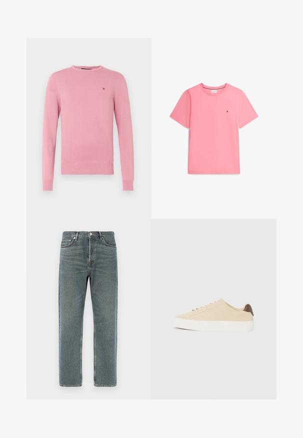 Lichtroze longsleeve crewneck trui met ribgebreide manchetten en onderrand, klein geborduurd vlaglogo op de linkerborst.; Effen roze T-shirt met korte mouwen en ronde hals met klein Tommy Hilfiger-logo op de linkerborst.; Lichtblauwe denim jeans met een rechte pijp, vijf-pocket ontwerp en zichtbare stikdetails. Geweven stof met een vervaagd uiterlijk.; Beige suède sneaker met witte rubberen zool en lichtbruine hielaccent. Beschikt over platte veters en een minimalistisch ontwerp voor veelzijdigheid.