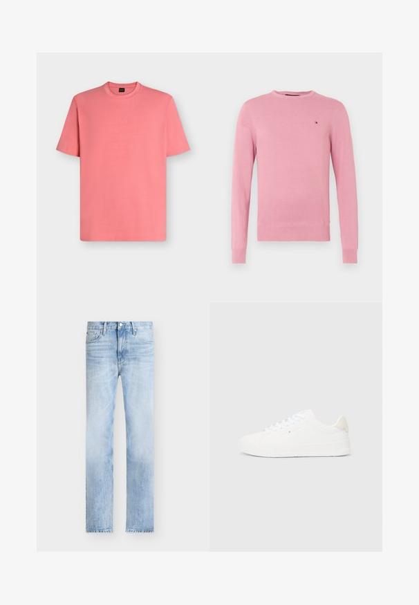 Pull en tissu léger de couleur rose clair, à manches longues et col rond, avec des poignets et un ourlet côtelés, logo de drapeau brodé en petit sur la poitrine gauche.; T-shirt rose corail à manches courtes et col rond avec un logo "BOSS" subtil brodé sur la poitrine, présenté sur un fond uni.; Jean denim bleu clair à coupe droite avec poches avant, passants de ceinture et fermeture à boutons.; Baskets basses blanches avec lacets blancs, talon beige et petit logo Tommy Hilfiger sur le côté.