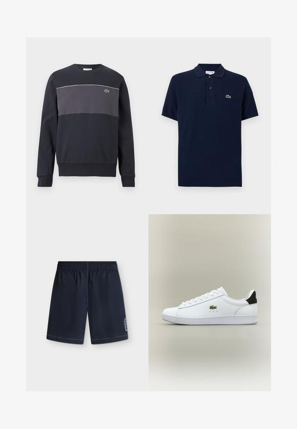 Sweat-shirt à manches longues noir et gris foncé avec un petit logo de crocodile vert sur la poitrine gauche et un liseré blanc au-dessus du panneau gris.; Polo à manches courtes bleu marine avec un col à deux boutons et un petit logo crocodile vert sur le côté gauche de la poitrine.; Short de bain bleu marine avec taille élastique et logo blanc cousu sur le côté inférieur sur fond clair.; Baskets en cuir blanc avec une finition lisse, arborant un logo crocodile brodé vert, une semelle blanche plate et un accent de talon noir.