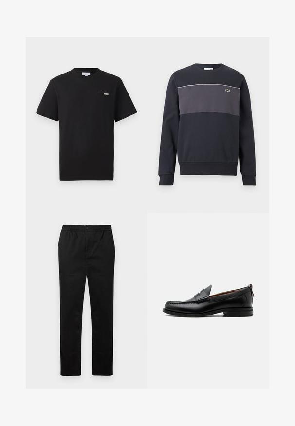 Sudadera de manga larga con cuello redondo en negro y gris oscuro, con un pequeño logo de cocodrilo verde en el pecho izquierdo y ribete blanco sobre el panel gris.; Camiseta de algodón negra con cuello redondo. Presenta un pequeño logo de Lacoste bordado en verde y blanco en el pecho. Mangas cortas, corte regular.; Pantalones negros de pierna recta con cintura elástica, cierre de botón y bolsillos laterales, mostrados sobre un fondo blanco liso.; Mocasín de hombre de piel negra con costura moc toe, tira penny, cuello texturizado y tacón bajo apilado sobre fondo blanco.