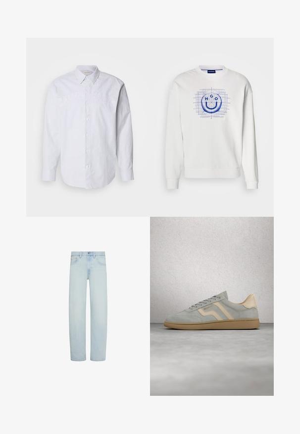 Witte sweater van katoen, met een blauw grafisch ontwerp met de letters "HGO" en een glimlachend embleem tegen een rasterpatroon.; Witte lange mouwen shirt van linnen met verticale blauwe strepen, voorzien van een knoopsluiting aan de voorkant en een reliëf "CALVIN KLEIN" logo over de borst.; Lichtblauwe denim jeans met rechte pijpen, vooraan knoop- en ritssluiting, riemlussen en voorzakken.; Lichtgrijze suède sneaker met beige accenten en gumzool, zwevend boven een gepolijste betonvloer bij een glazen blokwand.