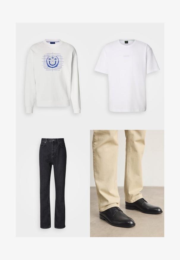 Witte sweater van katoen, met een blauw grafisch ontwerp met de letters "HGO" en een glimlachend embleem tegen een rasterpatroon.; Witte katoenen T-shirt met korte mouwen, ronde halslijn en reliëf 'BOSS' logo op de borst. Veilig textuur, standaard pasvorm.; Hoge taille zwarte denim jeans met een knoop- en ritssluiting, voor- en achterzakken en een rechte pasvorm.; Zwarte leren veterschoenen met een ronde neus, een gladde afwerking en subtiele stikdetails, gedragen met lichtbeige broeken.