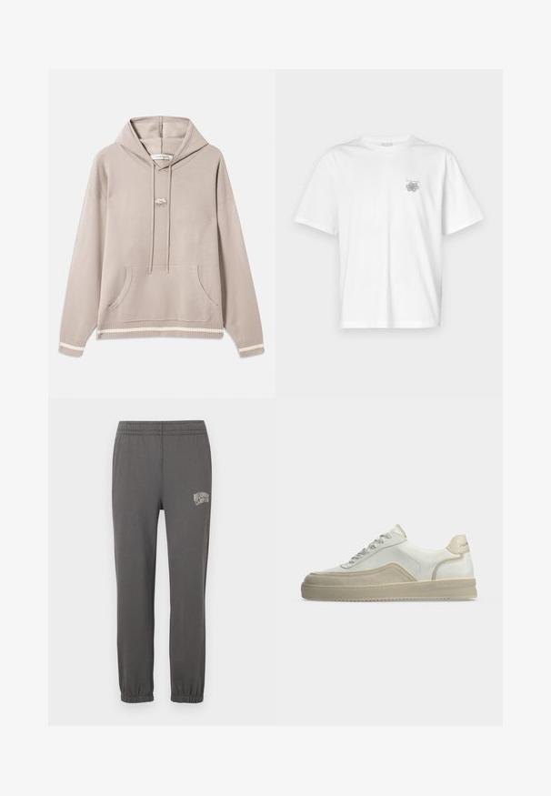 Lys beige hætte sweatshirt med frontlomme, snore, ribbede ærmer og kant med cremefarvede striber, samt et lille broderet logo på brystet.; Hvid t-shirt lavet af bomuld med korte ærmer, rund halsudskæring og et lille gråt logo på venstre brystområde. Glat tekstur.; Grå sweatpants med elastisk livrem, tætsiddende manchetter og et lille hvidt logo med teksten "Billionaire Boy Club" på venstre lår.; Hvid lavtop sneaker med beige ruskind detaljer, snørelukning foran og mærket hælstrop på en ensartet lys baggrund.