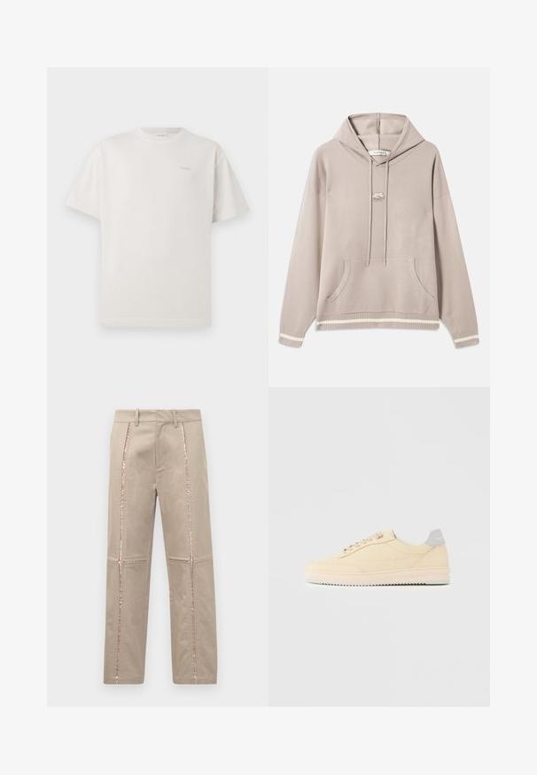 Lys beige hætte sweatshirt med frontlomme, snore, ribbede ærmer og kant med cremefarvede striber, samt et lille broderet logo på brystet.; CLOSED LOGO - T-shirts basic - blush pink; Beige bukser med lige skæring, der har rosaguld glitrende sidelister og subtile stikninger på benene.; Beige lavtop sneaker med snørelukning foran, lyserød sål og grå hællap med mærket "Filling Pieces", vist i profil på ensfarvet baggrund.