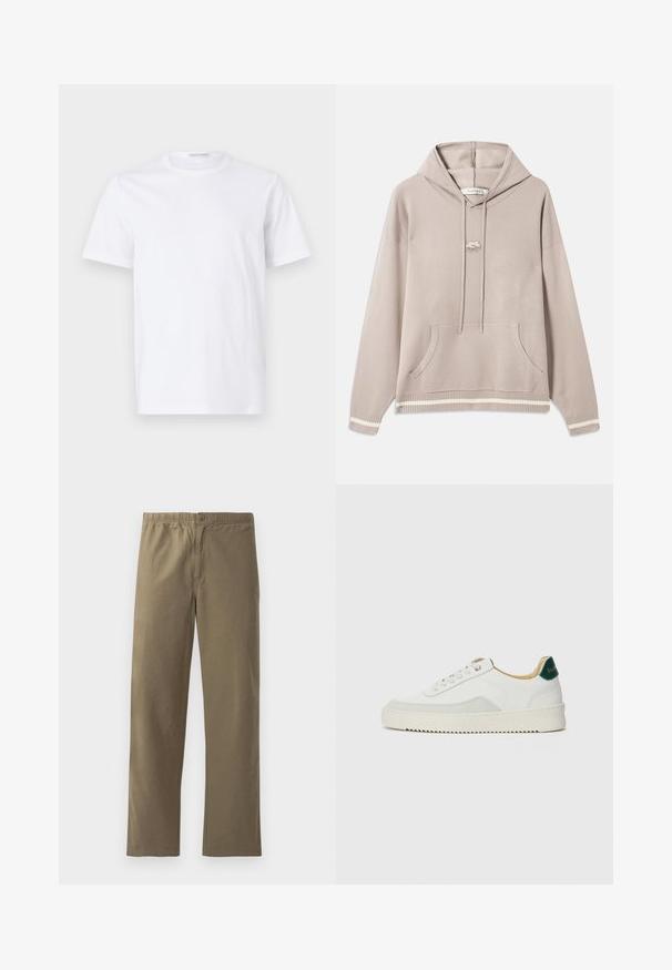 Lichtbeige hoodie met buidelzak, trekkoorden, ribgebreide manchetten en zoom, met crèmekleurige strepen en een klein geborduurd logo op de borst.; Witte katoenen t-shirt met een ronde hals en korte mouwen. Gladde textuur, rechte snit en minimalistisch ontwerp zonder patronen of accenten.; Khaki broek gemaakt van lichtgewicht stof. Heeft een elastische tailleband, een knoopsluiting, rechte pijpen en een soepele textuur.; Witte sneaker met suède accenten, ronde neus, platte veters en een crème rubberen zool. Bevat groene branding op de hiel.