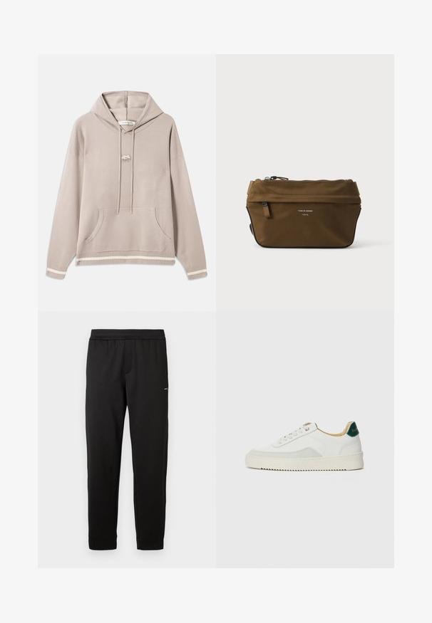 Sweatshirt à capuche beige clair avec poche avant, cordons, poignets et ourlet côtelés, présentant des rayures crème et un petit logo brodé sur la poitrine.; Pantalon de sport noir en tissu doux. Taille élastique et poignets élastiques. Présente un petit logo sur le côté. Coupe droite.; Baskets blanches avec des accents en daim, bout arrondi, lacets plats et semelle en caoutchouc crème. Présente une marque verte sur le talon.; Trousse rectangulaire marron à fermeture éclair, avec petite poche avant et texte "Tiger of Sweden 1903" sur le devant.