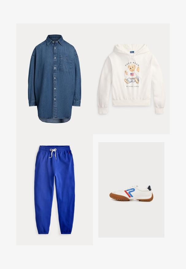 Hvid hættetrøje med en teddybjørn iført en skjorte med et amerikansk flag og jeans, tekst "Polo Bear by Ralph Lauren" på fronten.; Mørkeblå denim skjorte med knapper. Har en brystlomme, lange ærmer og en afslappet pasform. Diskrete syningsdetaljer langs sømmene.; Blå joggingbukser med elastisk talje og hvid snor, med et lille rødt broderet logo på højre hofte.; Hvid sneaker med brun sål, med blå og røde striber og ordet "Polo" på siden, og en mørkeblå hælflig.
