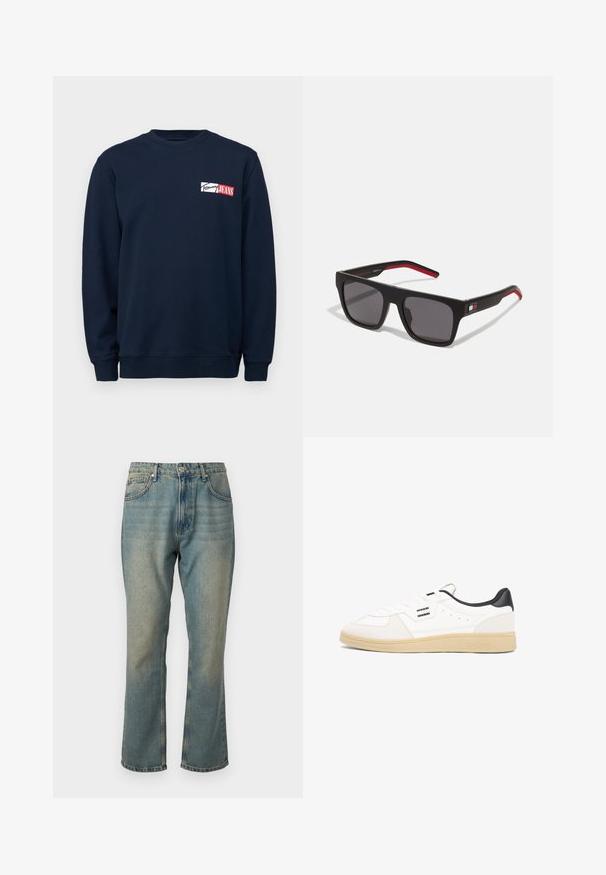 Marineblå sweatshirt lavet af blødt stof, med rund hals, lange ærmer og et hvidt/rødt logo patch centreret på brystet.; Falmede blå denimjeans med lige ben, fem lommer og knaplukning. Har subtile lettere vaske detaljer.; Hvid sneakers i læder med sort hæl, snørelukning, perforerede detaljer på overdelen og en tanfarvet gummisål. Har logoaccenter.; Tommy Hilfiger Solbriller - matte black red
