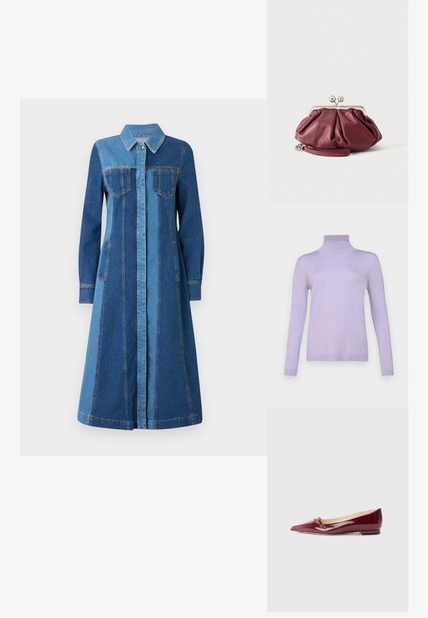 Weekend Max Mara KIKU - Svetrík - lilla; Džínová šaty s golierom, dlhými rukávmi, dvoma prednými vreckami a dvojtónovým modrým dizajnom s vertikálnymi švami. Nastaviteľné zapínanie na gombíky.; Burgundské lakované baleríny s špicatou špičkou, s malým vykrojeným detailom a nízkym podpätkom. Hladká textúra a elegantný dizajn.; Malá bordová kožená peňaženka s kovovou striebornou sponou a zápästným remienkom na bielom pozadí.