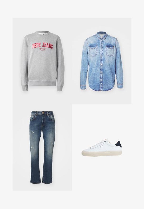 Harmaa huppari, jossa on punainen brodeerattu "PEPE JEANS" -logo ja tekstillä "London W1 1973" alla, joustavat hihansuut ja helma.; Vaaleansininen farkkupaita, jossa on pitkät hihat, napitettava kaulus, kaksi rintataskua ja erottuva ommel. Pyöristetty helma ja klassinen malli.; Bootcut-farkkuhousut tummansinisestä denimmistä, joissa on haalistunut viimeistely, kulumista edessä, viiden taskun muotoilu ja nappisuljenta vyötäröllä.; Valkoinen matalakärkinen lenkkari, jossa on beige pohja, valkoiset nauhat, musta kantapään lenkki ja "Pepe Jeans London" -logo sivussa.