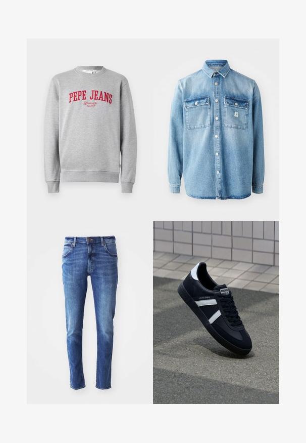 Sweatshirt gris avec logo "PEPE JEANS" brodé en rouge et le texte "London W1 1973" en dessous, avec des poignets et un ourlet côtelés.; Chemise en denim bleu clair à manches longues, col pointe, deux poches poitrine et fermeture boutonnée sur le devant. Présente une texture de tissu subtile et des détails de couture.; Jean en denim bleu avec une coupe slim, design à cinq poches et léger délavage. Équipé d'un bouton et d'une fermeture éclair de marque.; Sneaker en cuir noir avec des rayures blanches, semelle en caoutchouc texturée et devant à lacets. Présente une étiquette de marque sur la languette.