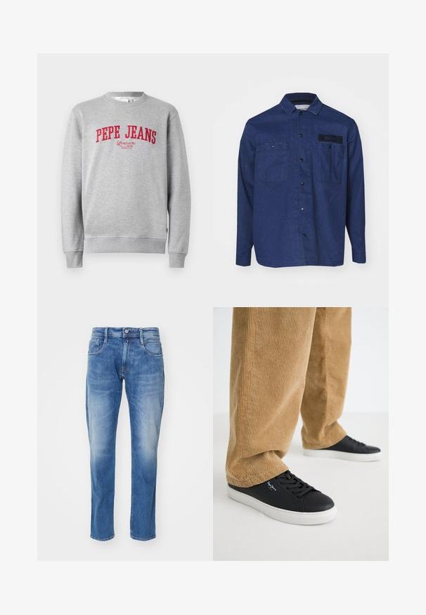 Šedá mikina s červenou vyšitou značkou "PEPE JEANS" a textom "London W1 1973" nižšie, s rebrovanými manžetami a lemom.; Džínsová košeľa v tmavomodrej farbe s dlhými rukávmi, špicatým golierom, dvomi náprsními vreckami a čiernym logom na hornej ľavej strane.; Svetlomodré džíny z denimu so strihom s rovnými nohavicami, s päť vreckovým dizajnom, jemným vyblednutím a štandardným pásom so zapínaním na gombík.; Čierne kožené tenisky s bielymi gumovými podrážkami. Nosené s hnedými kordové nohavicami so zvislými ryhami a voľným strihom.