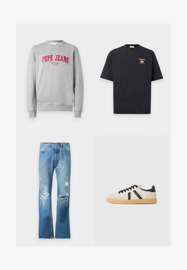 Šedá mikina s červenou vyšitou značkou "PEPE JEANS" a textom "London W1 1973" nižšie, s rebrovanými manžetami a lemom.; Čierne tričko s krátkym rukávom s malým nápisom "DOLCEZZA" a grafikou broskyne na ľavej strane hrude.; Modré džíny s rovnými nohavicami, so svetlým praním a viacerými poškodenými miestami na oboch kolenách a horných stehnách.; Pohodlné tenisky v krémovej farbe s čiernymi pruhmi, s textúrovaným zvrškom a podrážkou z gumy. Šnúrky sú čierne. Diskrétny logo na boku.