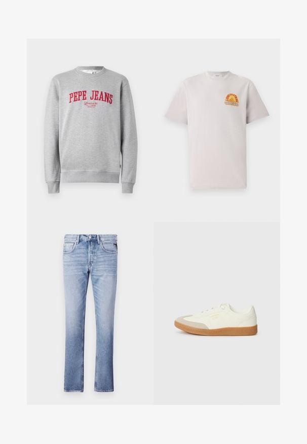 Grijze sweatshirt met rode geborduurde "PEPE JEANS" logo en de tekst "London W1 1973" eronder, ribgebreide mouwen en zoom.; Lichtgrijs katoen T-shirt met ronde hals, voorzien van een kleurrijke "Lone Château Replay" grafiek in oranje en blauw op de borst.; Lichtblauwe denim jeans met een rechte pijpdesign, vijf zakken en zichtbare stikseldetails. Fluweelzachte textuur en klassieke pasvorm.; Schoen gemaakt van wit leer met een beige teenkap en een lichtbruine rubberen zool. Voorzien van platte witte veters en reliëfbranding aan de zijkant.