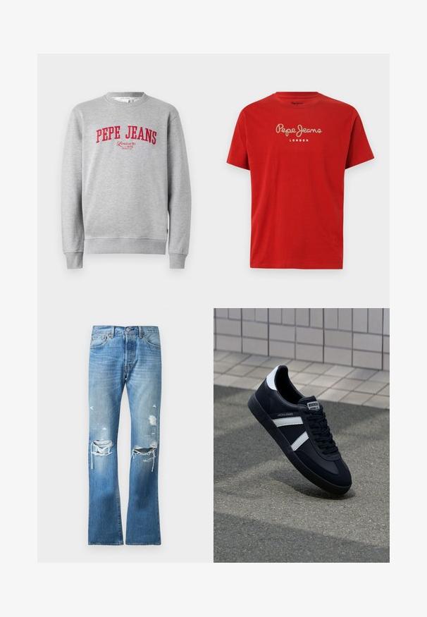 Sudadera gris con el logotipo bordado en rojo "PEPE JEANS" y el texto "London W1 1973" debajo, con puños y dobladillo acanalados.; Camiseta de algodón roja con mangas cortas. Presenta el logo de "Pepe Jeans" en cursiva y "LONDRES" impreso debajo en blanco. Cuello crew clásico.; Jeans de mezclilla azules de pierna recta con un lavado descolorido y múltiples desgastes en ambas rodillas y muslos superiores.; Zapatilla de cuero negra con rayas blancas, suela de goma texturizada y parte frontal con cordones. Cuenta con una etiqueta de marca en la lengüeta.