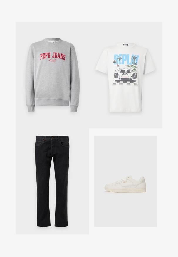 Grå sweatshirt med rødt broderet "PEPE JEANS" logo og teksten "London W1 1973" nedenfor, ribbede ærmer og kant.; Hvid bomulds-T-shirt med et farverigt motiv af en racerbils, palmer og ternede flag, med "REPLAY" tydeligt vist.; Sorte denim jeans med et lige ben-design, der har fem lommer, diskret slidmærker og orange syninger som detaljer.; Hvide lædersneakers med en glat overflade, der har perforerede detaljer, snørebånd fortil og et diskret logo i guld nær siden.