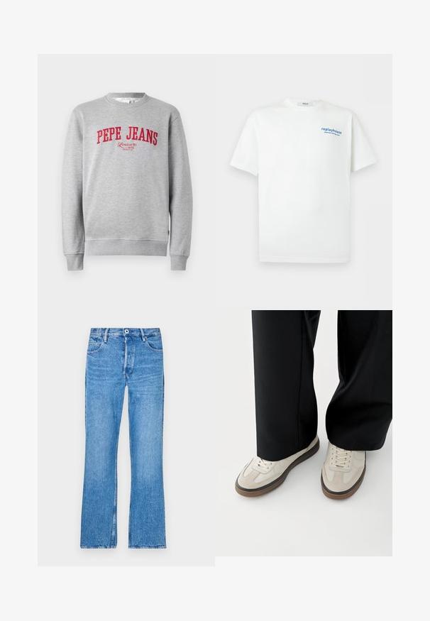 Grauer Sweatshirt mit rotem, gesticktem "PEPE JEANS"-Logo und dem Text "London W1 1973" darunter, mit gerippten Bündchen und Saum.; Weißes T-Shirt mit kurzen Ärmeln und kleinem blauem Text "replayhouse japanese dining room" auf der oberen linken Brust.; Blaue, gerade geschnittene Jeans aus Denim mit einem verfärbten Waschlook. Mit Knopfverschluss, Gürtelschlaufen und dem klassischen Fünf-Taschen-Design.; Füße mit beigen Sneakers mit braunen Sohlen und schwarzen Hosen mit weitem Bein auf weißem Hintergrund.