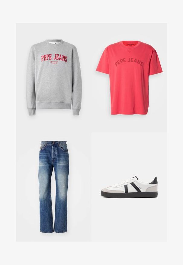 Grå sweatshirt med rødt broderet "PEPE JEANS" logo og teksten "London W1 1973" nedenfor, ribbede ærmer og kant.; Koralfarvet bomulds-T-shirt med korte ærmer og rund halsudskæring. Har "PEPE JEANS" trykt i mørke bogstaver hen over brystet.; Blå denim jeans med lige ben-design, der har lys falmning og let whiskering fortil. Standard fem-lomme stil.; Hvide sneakers med sorte og grå detaljer, med en tekstureret grå tåhætte, sort gummisål og flade hvide snørebånd. Rent design, minimalistisk stil.