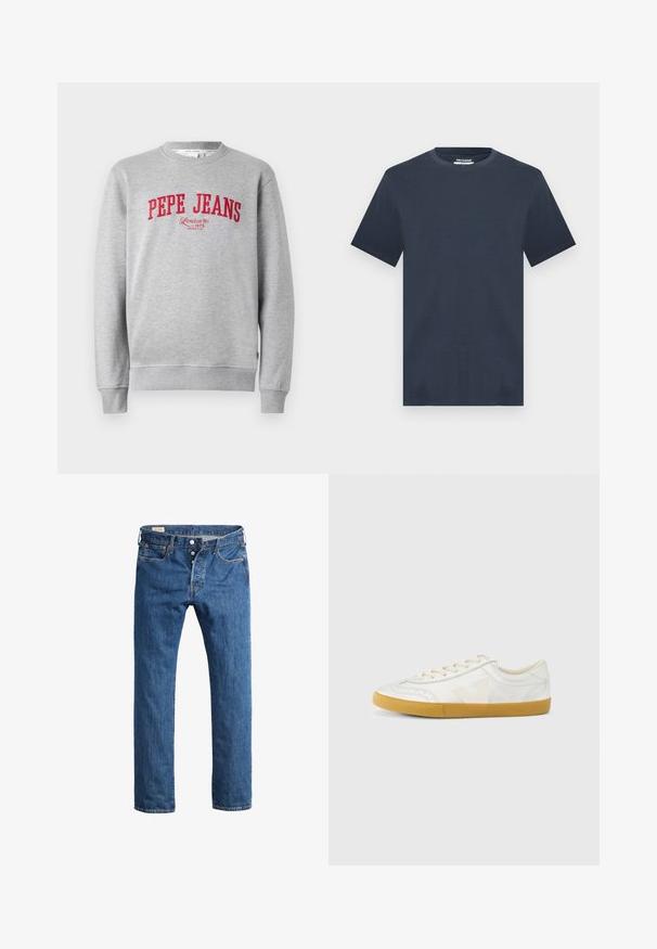 Grauer Sweatshirt mit rotem, gesticktem "PEPE JEANS"-Logo und dem Text "London W1 1973" darunter, mit gerippten Bündchen und Saum.; Marineblaue T-Shirt mit kurzen Ärmeln und Rundhalsausschnitt in lässiger Passform, präsentiert vor einem hellgrauen Hintergrund.; Blaue Denim-Jeans mit geradem Bein, Frontknopfverschluss, Gürtelschlaufen und klassischem Fünf-Taschen-Stil.; Weißer Ledersneaker mit glatter Textur, beigefarbenem „V“-Logo, rundem Zehenbereich, Schnürdesign und einer Sohle aus Gummireifen.