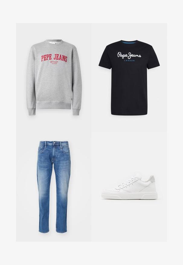 Grauer Sweatshirt mit rotem, gesticktem "PEPE JEANS"-Logo und dem Text "London W1 1973" darunter, mit gerippten Bündchen und Saum.; Schwarzes Baumwoll-T-Shirt mit einem weißen Schriftlogo "Pepe Jeans" und blauen Akzenten, Rundhals und kurzen Ärmeln. Einfaches, schlichtes Design.; Hellblaue Jeans aus Denim mit geradem Bein, fünf Taschen, dezentem Verblassen und einem normalen Bund mit Knopfverschluss.; Weiße Leder-Sneaker mit glatter Oberfläche, rundem Zehenbereich, flachen Schnürsenkeln und strukturiertem Schuhsohlen. Graues Wildleder-Detail an der Ferse.