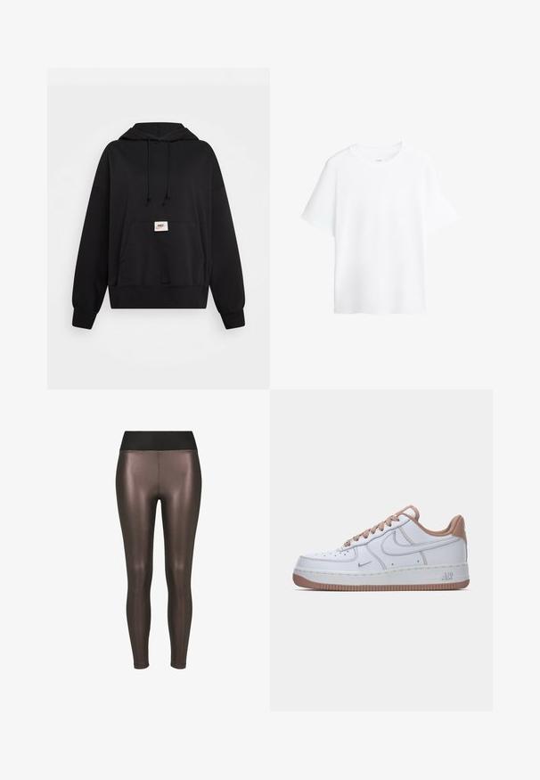 Schwarzer Hoodie mit Kapuze und Kordelzug, frontaler Kängurutasche und einem kleinen Etikett mit dem Nike-Logo. Hergestellt aus einem weichen, einfarbigen Stoff.; Schlichtes weißes T-Shirt mit kurzen Ärmeln und Rundhalsausschnitt, locker geschnitten, vor weißem Hintergrund präsentiert.; Braune, metallisch schimmernde Leggings mit einem schwarzen elastischen Bund. Der Stoff hat eine glatte, glänzende Textur und ein eng anliegendes Design, das bis zu den Knöcheln reicht.; Weiße Leder-Sneaker mit glatter Textur, beigen Akzenten, niedrigem Design und Gummilaufsohle mit Rillen für besseren Halt.