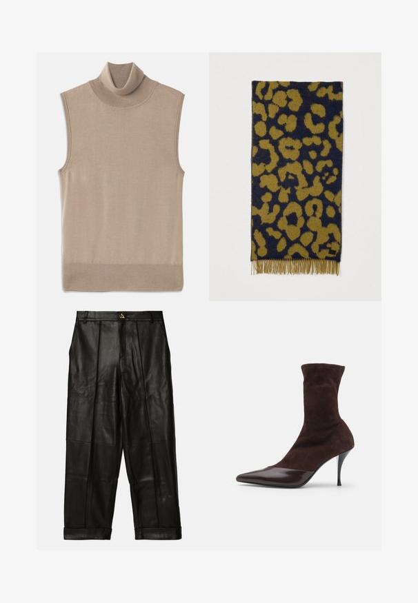 Beige bezrukávový pletený sveter s rolákom, s rebrovaným golierom, otvormi na ruky a lemom, rozložený na bielom pozadí.; AERON ZIMA PANTS - Kožené nohavice - black; Hnedé semišové kotníkové topánky s špicatou špičkou a lesklým burgundským lakovaným capom, s úzkym stilettom a textúrovaným zvrškom.; Tkaný šál v tmavomodrej a horčicovo žltej farbe so vzorom leopardej potlače. Má strapce pozdĺž dolného okraja.