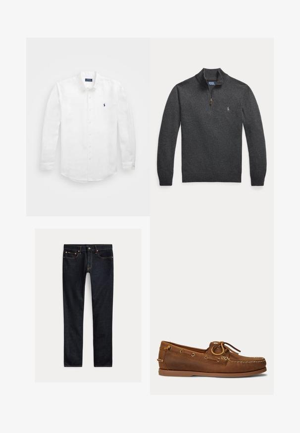 Pull-over gris foncé à manches longues avec une fermeture éclair au quart et un petit logo brodé sur le côté gauche de la poitrine.; Chemise blanche à manches longues en coton avec un col boutonné, affichant un petit logo marine sur la poitrine gauche et un système de fermeture classique par boutons.; Jean slim bleu foncé avec cinq poches, fermeture à boutons et coutures contrastées, posé à plat sur un fond clair.; Chaussure bateau en cuir marron avec couture mocassin, détail du lacet passant dans des œillets métalliques, et semelle plate en caoutchouc vue de profil.