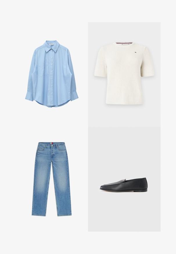 Pull blanc à manches courtes en maille avec un col rond, présentant un petit logo sur la poitrine et un tissu texturé.; Chemise bleu clair à manches longues avec col pointu et poche poitrine gauche, présentée à plat sur un fond blanc.; Jean en denim bleu clair à jambes droites, avec poches avant, fermeture par bouton métallique et légère décoloration sur les cuisses et les genoux.; Mocassins en cuir noir à texture lisse, bout arrondi et détails de couture subtils. Ils présentent un accent logo doré sur le côté supérieur.