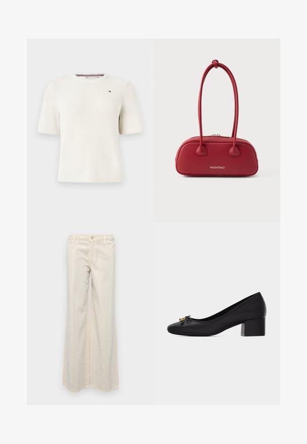 Suéter blanco de manga corta tejido con cuello redondo, que presenta un pequeño logo en el pecho y una tela texturizada.; Pantalones de pierna ancha beige con una textura suave que presentan lentejuelas plateadas metálicas dispuestas en un patrón en la parte delantera y trasera.; Zapato de tacón bajo de cuero negro con puntera redondeada, pequeño lazo y un emblema circular dorado en la parte delantera.; Bolso de cuero rojo con forma redondeada, dos asas cortas y detalles en dorado. Presenta el nombre de la marca "Valentino" en dorado en la parte frontal.