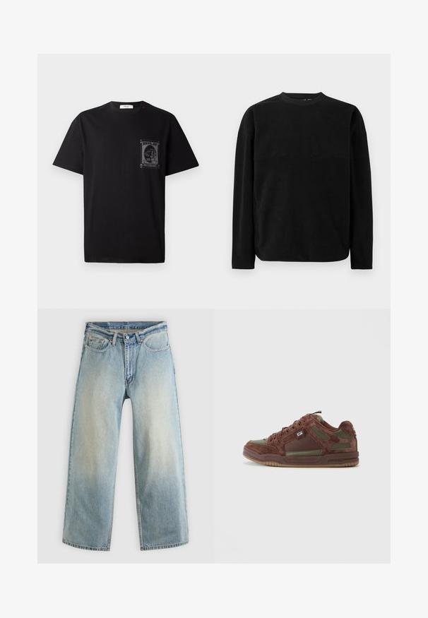 Schwarzes Langarm-Sweatshirt aus weichem Material, mit Rundhalsausschnitt, überschnittenen Schultern und einem Längsdesign über der Brust.; Schwarz Baumwoll-T-Shirt mit kurzen Ärmeln, ausgestattet mit einem grafischen Druck auf der linken Brust und einem kleinen roten Akzent am Halsauschnitt.; Hellblaue, weit geschnittene Jeans aus Denim mit verblasstem Finish. Verfügen über ein standardmäßiges Design mit fünf Taschen und Metallknopfverschluss.; Niedrig geschnittene braune und olivgrüne Wildledersneaker mit Schnürverschluss und Gummisohle auf hellem, einfarbigem Hintergrund.