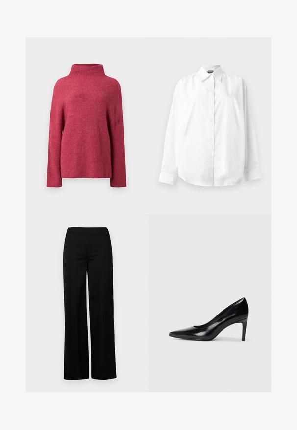 Pull en tricot de couleur rose profond, avec un col montant, des manches longues et une coupe décontractée avec une texture côtelée sur l'ensemble.; Chemise blanche à manches longues avec col pointu, boutonnée, présentée à plat sur un fond blanc uni.; Pantalon large noir avec une texture lisse et de fines rayures verticales discrètes. Il présente une taille haute et une coupe droite de la hanche à l'ourlet.; Chaussure à talon haut en cuir noir avec un bout pointu, texture lisse et un talon effilé. Design minimaliste, sans embellissements supplémentaires.