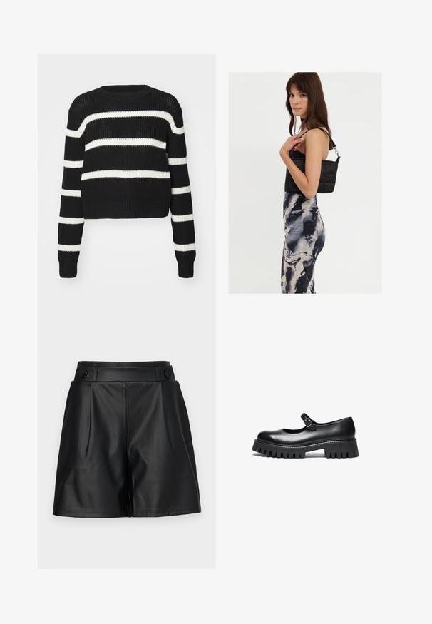 Sort cropped sweater med hvide vandrette striber, strikket tekstur, rund hals og ribbede manchetter og kant.; Sorte faux lædershorts med plisseret front, brede ben og knapdetaljer på taljen. Glat tekstur, skræddersyet design.; Sorte læder Mary Jane-style sko med rund tå, ankelrem og chunky gummisål med ribbet detaljering.; Sort quiltet skuldertaske med en enkelt rem og sølvhardware, parret med en tætsiddende kjole med tie-dye mønster i nuancer af sort og creme.