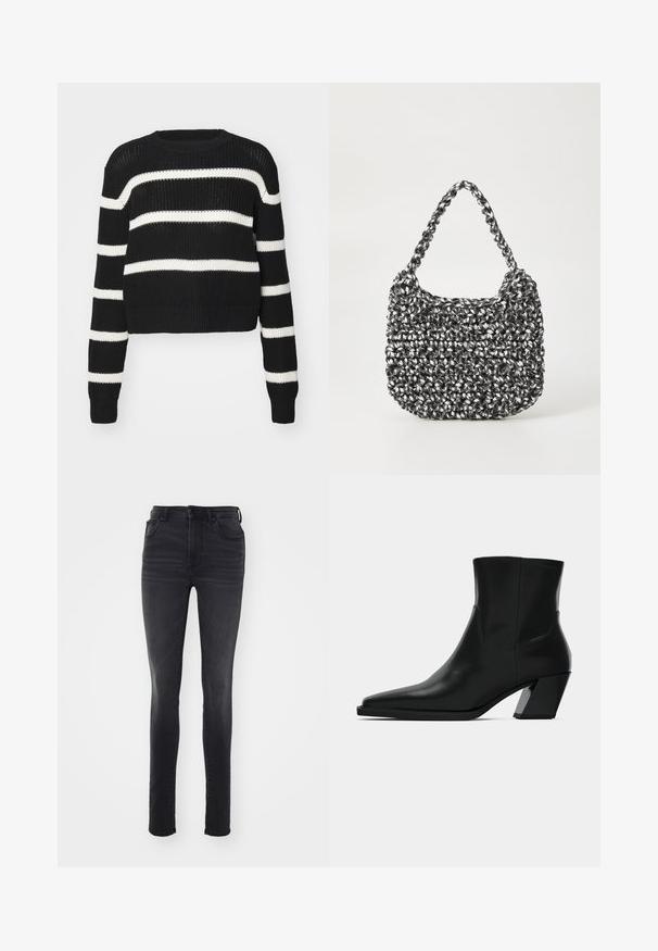 Sort cropped sweater med hvide vandrette striber, strikket tekstur, rund hals og ribbede manchetter og kant.; Slankt fit sorte jeans lavet af denim, med høj talje, fem-lomme design, subtil falmning og lige silhuet.; Sortlæder ankelstøvle med spids tå, en slank silhuet og en kraftig firkantet hæl. Glat tekstur med minimale stikninger.; Vævet håndtaske i sort og hvid med en rund form, tekstureret overflade og et fletet håndtag. Velegnet til afslappet brug.