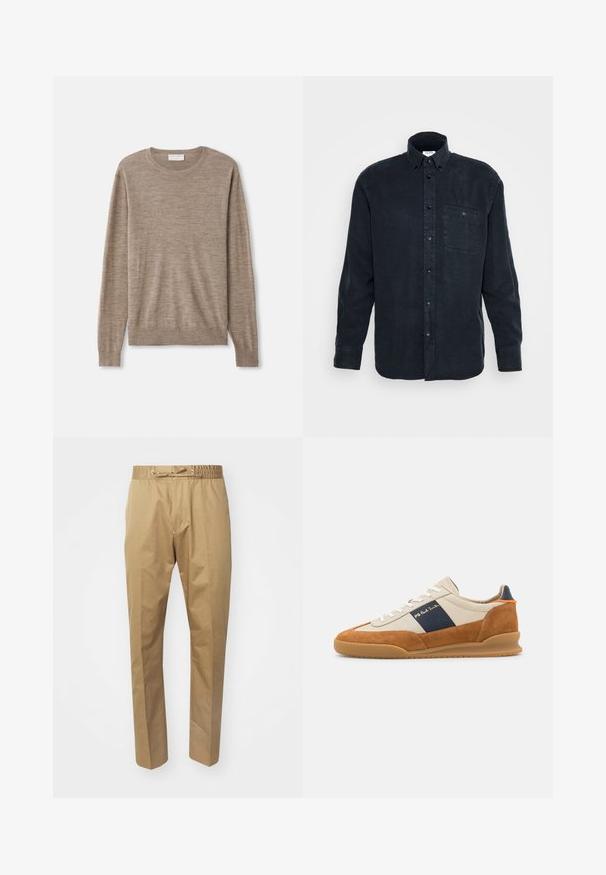 Beige sweater lavet af fint strikket materiale. Har en rund halsudskæring, lange ærmer samt ribkantede manchetter og søm. Simpelt og klassisk design.; Mørkeblå langærmet skjorte med knapper, lavet af blød bomuld. Den har en enkelt brystlomme og en klassisk kravedesign.; Beige bukser med elastisk talje og justerbar snøre. Glat tekstur, lige ben og minimalistisk design.; PS Paul Smith DOVER - Sneakers - cognac/off-white