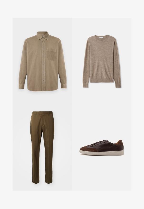 Pull beige en maille fine. Il a un col rond, des manches longues et des poignets et un ourlet côtelés. Design simple et classique.; CLOSED FORMAL ARMY SHIRT - Chemise - rock beige; Pantalons marron ajustés avec une coupe droite, en tissu lisse, dotés de poches latérales et d'un pli sur le devant.; Basket basse en cuir et daim marron avec des lacets marron foncé et une semelle en caoutchouc blanche vue du côté extérieur.