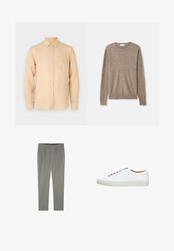 Beige sweater lavet af fint strikket materiale. Har en rund halsudskæring, lange ærmer samt ribkantede manchetter og søm. Simpelt og klassisk design.; Beige langærmet skjorte i linned med knapkrave, frontlomme og en glat, let struktureret overflade. Klassisk pasform og enkelt design.; Bukser i lysegrå stof, med lige snit, der har to sidelommer og en frontlukning med knap. Glat tekstur, skræddersyet pasform.; Hvid lædersneaker med en tekstureret gummisål, rund tå og kontrasterende tanfarvet inderside. Har fem snørehuller og hvide snørebånd.