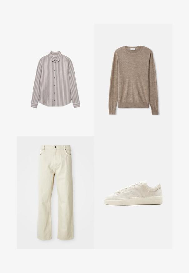 Beige sweater lavet af fint strikket materiale. Har en rund halsudskæring, lange ærmer samt ribkantede manchetter og søm. Simpelt og klassisk design.; Stribet langærmet skjorte i beige og grå nuancer, lavet af et tekstureret stof. Har en klassisk krave, knaplukning foran og en brystlomme.; Beige bomuldsjeans med lige ben, fem lommer, knaplukning og synlige sømdetaljer. Glat tekstur med et afslappet design.; Hvid lavtop sneaker med snørelukning, tekstureret stofoverdel og tyk gummisål vist fra ydersiden på en ensfarvet baggrund.