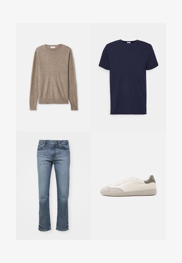 Beige sweater lavet af fint strikket materiale. Har en rund halsudskæring, lange ærmer samt ribkantede manchetter og søm. Simpelt og klassisk design.; Marineblå kortærmet t-shirt lavet af blødt stof. Har rund halsudskæring og en lige pasform uden mønstre eller accenter.; Blå denimjeans har et lige ben design, fem lomme stil og en knaplukning med kontrastsying på sømmene.; Hvid lav sneaker med lysegrå ruskind på tå og hæl, hvide snørebånd og en flad beige sål, vist fra ydersiden.
