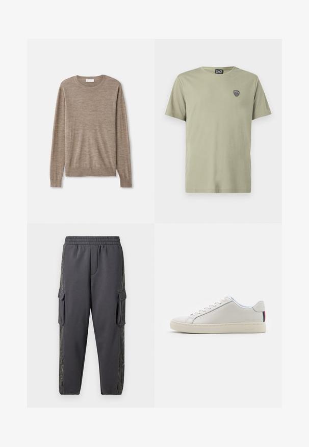 Beiger Pullover aus feinem Strickmaterial. Mit Rundhalsausschnitt, langen Ärmeln und gerippten Bündchen sowie Saum. Einfaches und zeitloses Design.; Hellgrünes T-Shirt aus weicher Baumwolle mit Rundhalsausschnitt und kurzen Ärmeln. Auf der Brust befindet sich ein kleines schwarzes Logo-Patch.; Graue Jogginghosen aus einem weichen Stoff, mit Cargo-Taschen und einem gemusterten Seitenstreifen für zusätzliche Details. Mit elastischem Bund.; Weiße Ledersneaker mit einer glatten Textur, runder Spitze, flacher Sohle und einfarbigen Schnürsenkeln. Besitzt einen bunten gestreiften Akzent an der Ferse.