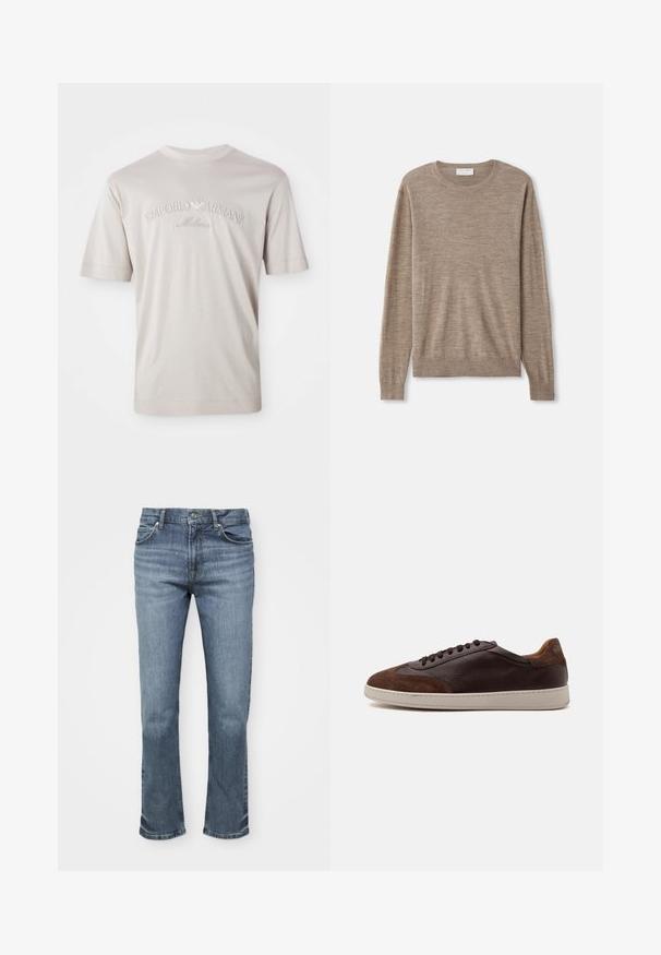 Beige sweater lavet af fint strikket materiale. Har en rund halsudskæring, lange ærmer samt ribkantede manchetter og søm. Simpelt og klassisk design.; Lyse beige kortærmet t-shirt lavet af blødt stof, med broderet "Emporio Armani Milano" logo i en lidt mørkere nuance.; Blå denimjeans har et lige ben design, fem lomme stil og en knaplukning med kontrastsying på sømmene.; Lavtop brune læder- og ruskindsneakers med mørkebrune snørebånd og en hvid gummisål set fra ydersiden.