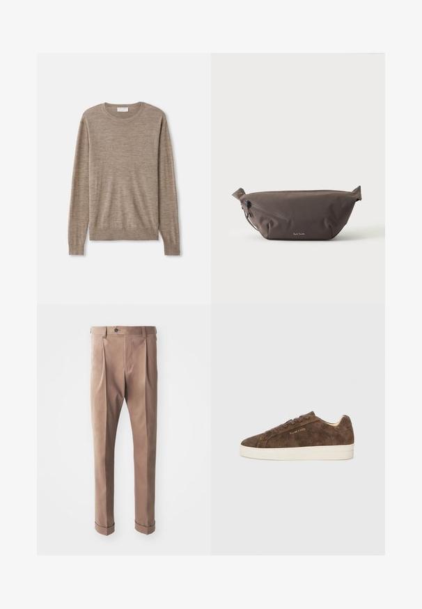 Beige sweater lavet af fint strikket materiale. Har en rund halsudskæring, lange ærmer samt ribkantede manchetter og søm. Simpelt og klassisk design.; Khaki bukser lavet af struktureret stof, med høj talje, lynlås, og optrukne manchetter, samt en enkelt knaplukning i taljen.; Brune ruskinds sneakers med lav profil, rund tå og hvid gummisål. Har mørke snørebånd og diskret branding på siden.; Mørkebrun stof talje taske med diagonalt lynlåslomme og lille hvidt logo på fronten, sat mod en ensfarvet lys baggrund.