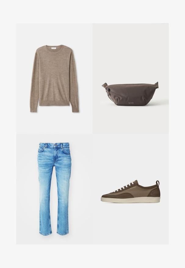 Beiger Pullover aus feinem Strickmaterial. Mit Rundhalsausschnitt, langen Ärmeln und gerippten Bündchen sowie Saum. Einfaches und zeitloses Design.; Blaue Jeans aus Denim mit einem ausgewaschenen Look, geradem Bein und rohem Saum. Verfügt über einen Fünf-Taschen-Stil und Metallknopf-Details.; Flacher brauner Sneaker mit weißen Schnürsenkeln, beiger Sohle, Obermaterial aus Stoff und Wildleder, seitlicher Zuglasche und "Tiger of Sweden"-Logo in goldener Schrift.; Dunkelbraune Stoff-Gürteltasche mit diagonalem Reißverschlussfach und kleinem weißen Logo vorne, vor einem einfarbigen hellen Hintergrund.