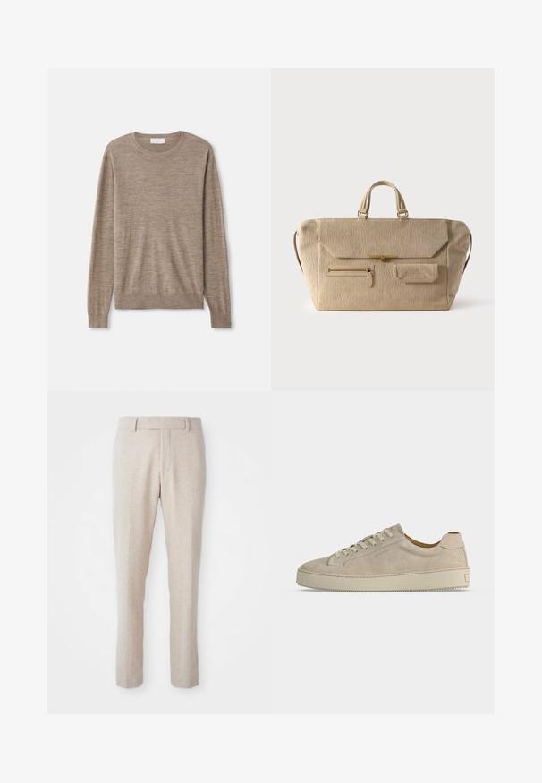 Beige neule ohutta neulosta. Siinä on pyöreä kaula-aukko, pitkät hihat sekä ribbeatut hihansuut ja helma. Yksinkertainen ja klassinen muotoilu.; Beige kudottu housu suoran mitoituksen kanssa, jossa on sileä etuosa, vyölenkit ja ei näkyviä kuvioita tai varusteita.; Beigenvärinen mokkainen matalakärkinen lenkkari, jossa nauhakiinnitys ja paksu kumipohja, esitetty sivulta valkoisella taustalla.; Beigenvärinen verryttelylaukun materiaalina on korduroy, jossa on kaksi kantokahvaa, läppäkiinnitys, etutaskussa vetoketju ja pieni läppätasku valkoisella taustalla.