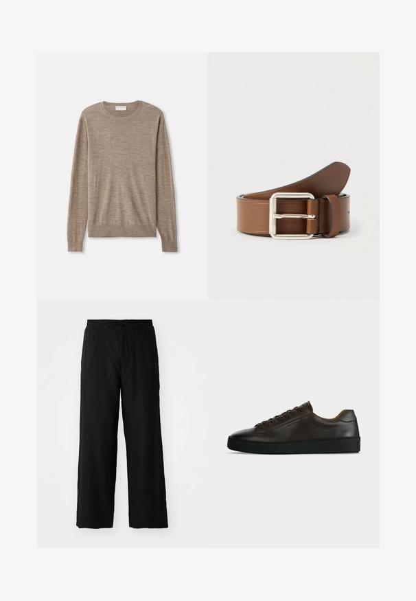 Pull beige en maille fine. Il a un col rond, des manches longues et des poignets et un ourlet côtelés. Design simple et classique.; Pantalon large noir en tissu léger, avec une taille élastique dotée d'un cordon de serrage et sans poches visibles ni motifs.; Baskets basses en cuir marron foncé avec semelle en caoutchouc noire, lacets à l'avant et design minimaliste épuré sur fond clair.; Ceinture en cuir marron avec une boucle rectangulaire argentée, présentant une texture lisse et une extrémité légèrement effilée.