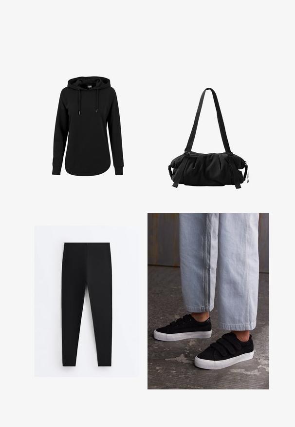 Sort hoodie lavet af bomuldsblanding, med en kengurulomme, snoretræk i hætten og lange ærmer med ribbet manchetter og kant.; Sorte tætsiddende leggings med højt liv og glat stof, vist fladt mod en hvid baggrund.; Sorte corduroy sneakers med tre Velcro-stropper og en tekstureret overdel. Lavprofil hvid gummisål. Båret med lyseblå cropped bukser.; Sort polstret skuldertaske med justerbare remme og lynlås, vist mod en hvid baggrund.