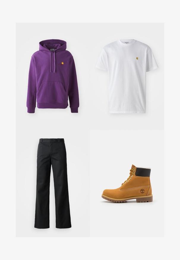 Sudadera con capucha púrpura, con un bolsillo delantero y puños acanalados, que presenta un pequeño logotipo naranja de Carhartt en el pecho. Textura de tela suave.; Camiseta de algodón blanca con mangas cortas, cuello redondo, que presenta un pequeño logo dorado en la parte izquierda del pecho. Textura suave y corte regular.; Pantalones de pierna ancha negros en una tela suave. Cuenta con un cierre de botón, lazos para cinturón y bolsillos laterales. Silueta limpia y ajustada.; Botín de cuero marrón con ojales de metal, forro de piel sintética blanca, cuello acolchado negro, suela resistente y logotipo en relieve en el costado.