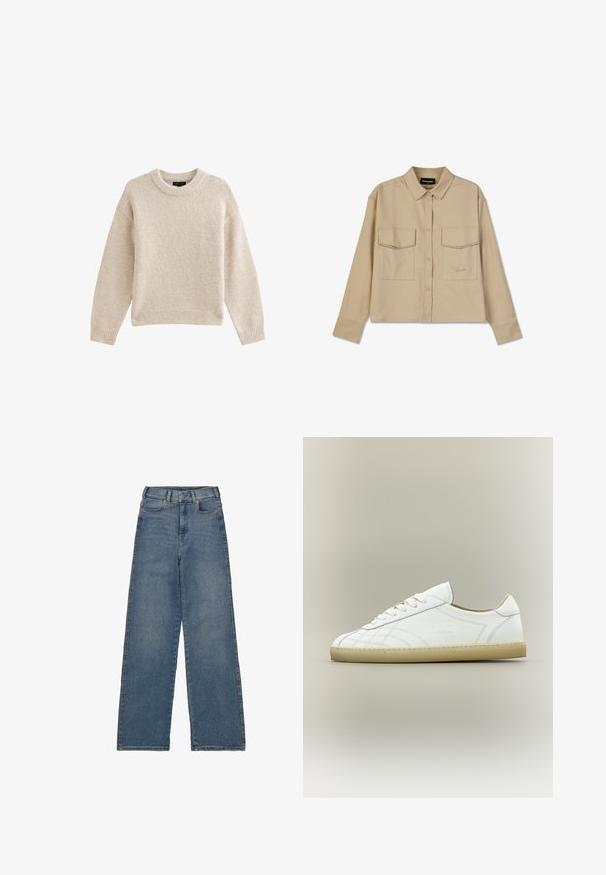 Beige gebreide trui met een ronde halslijn, lange mouwen en geribbelde zoom. Gelaagd stof met een zachte uitstraling. Eenvoudig en veelzijdig ontwerp.; Beige overhemd met lange mouwen van zachte stof, met knoopsluiting, twee borstzakken en een rechte zoom. Subtiele logo borduring aan de voorkant.; Hoge taille, wijde spijkerbroeken in mediumblauwe denim. Voorzien van vijf zakken, een voorknopsluiting en contrasterende stiksels.; Witte lage leren sneaker met beige zool, vetersluiting en subtiele gestikte patronen op een neutrale achtergrond.