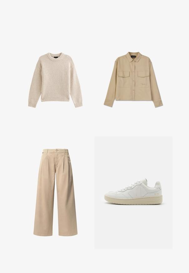 Beige strikket sweater med rund hals, lange ærmer og ribbet kant. Tekstureret stof med en blød udseende. Enkel og alsidig design.; Beige langærmet skjorte lavet af blødt stof, med knaplukning, to brystlommer og lige kant. Subtil logo broderi foran.; Beige brede bukser med to frontfolder, en knaplukning og en glat overflade. Designet til komfort og en løs pasform.; Hvide lædersneakers med perforeret tåboks, kontrasterende beige gummisål og logoer på siden og hælen. Minimalistisk design.